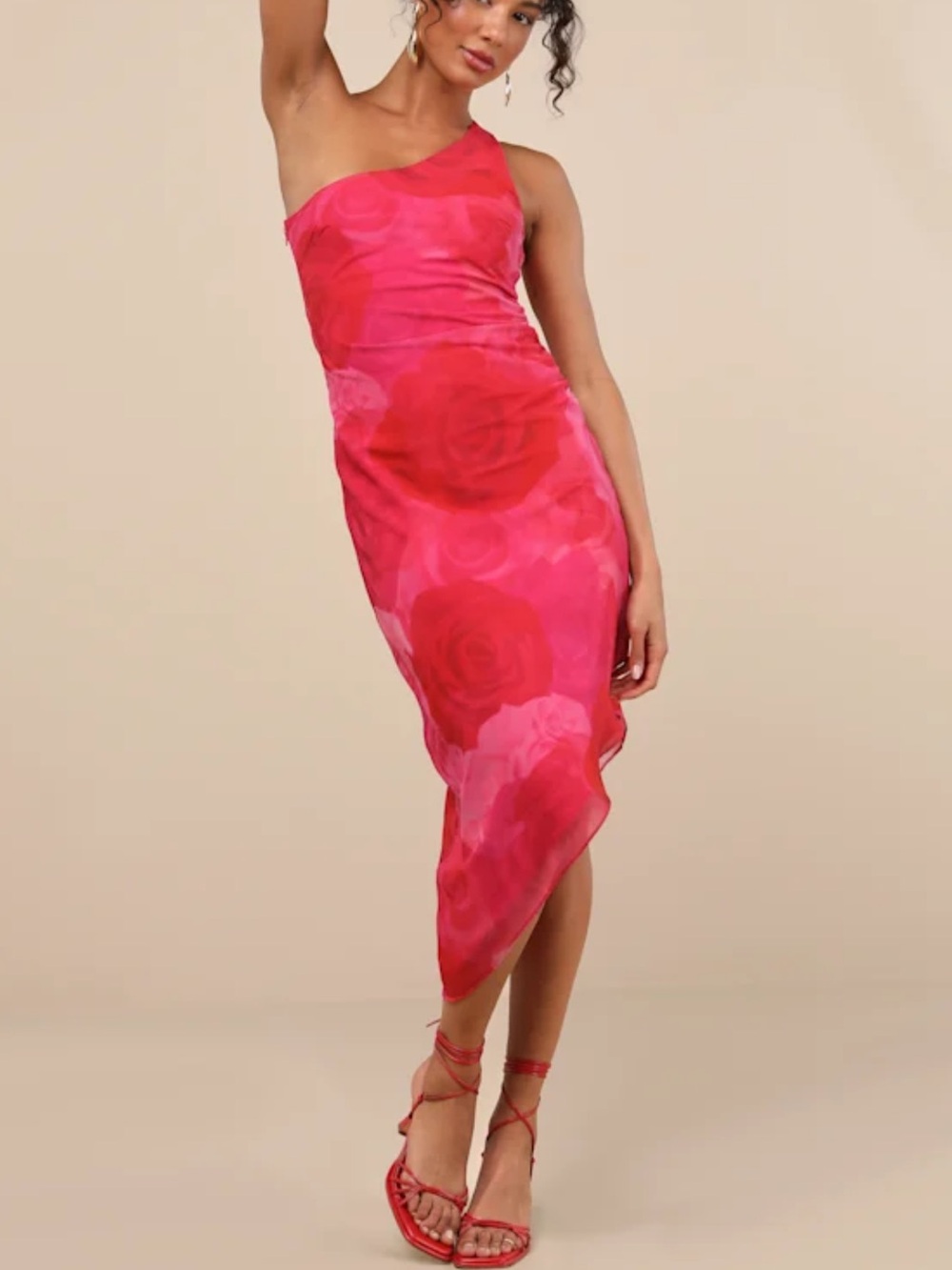 Lulus Pretty Serene Pink Floral One-Shoulder Asymmetrical Midi Dress Size XS NWT
